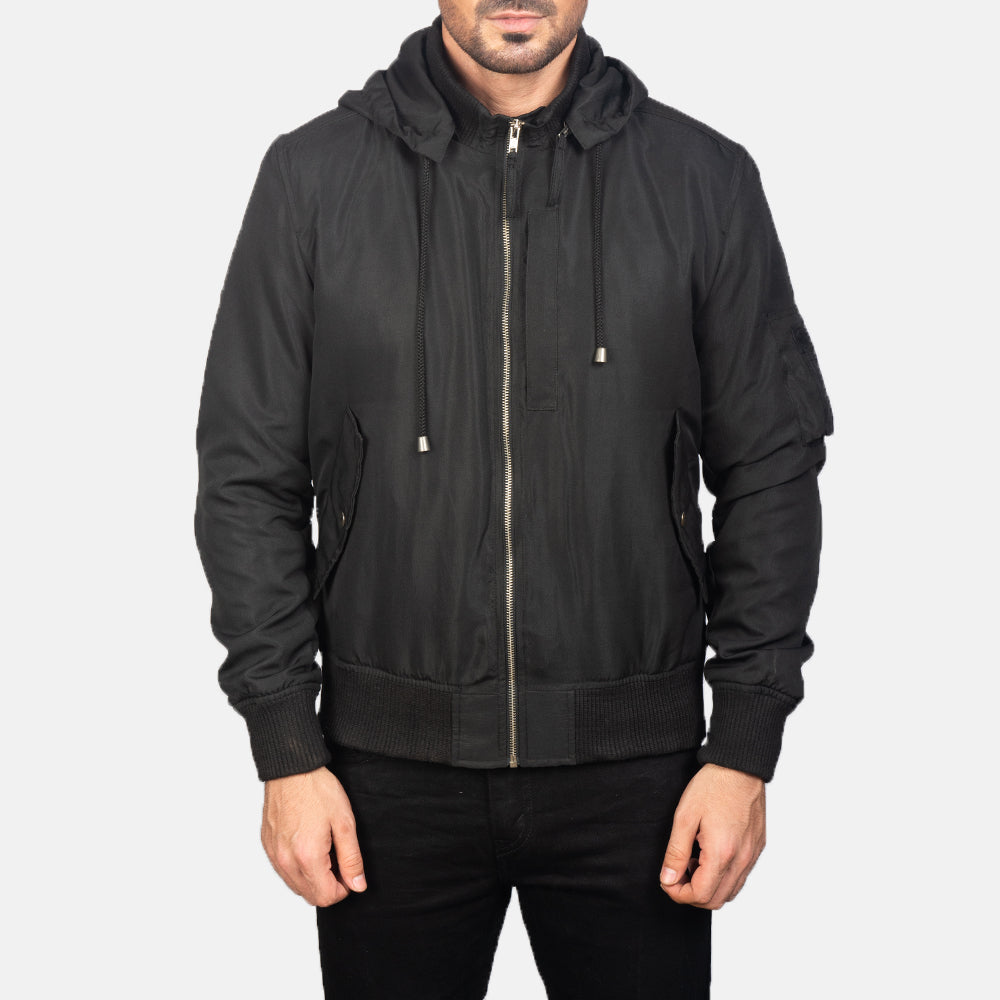 
Detailopname of Knit Rib with Removable Polyester Hood & Zipper Hardware on Hanklin Ma-1 Black Hooded Bomber Jacket