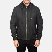 
Detailopname of Knit Rib with Removable Polyester Hood & Zipper Hardware on Hanklin Ma-1 Black Hooded Bomber Jacket