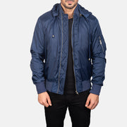 
Blue Hooded Bomber Jacket in Blue Nylon - Vooraanzicht & getailleerd silhouet | Online kopen