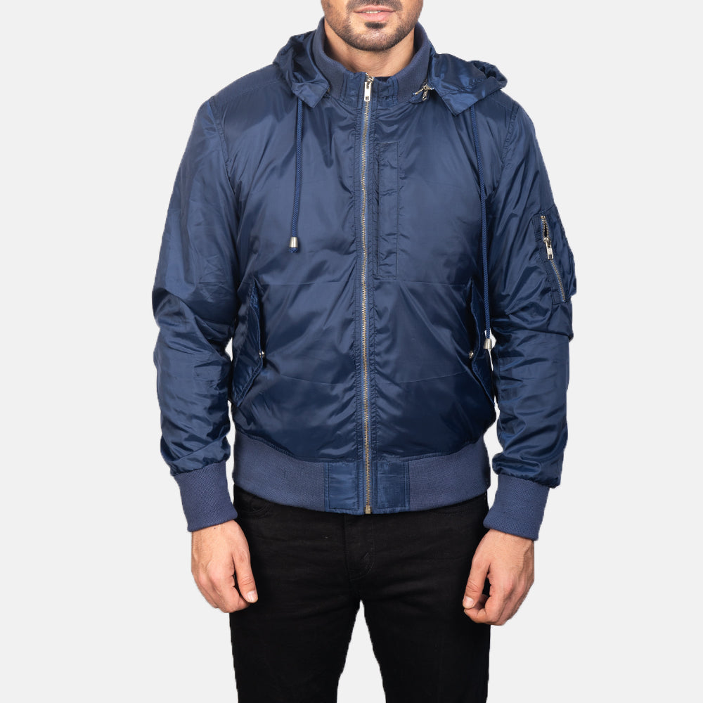
Detailopname of Knit Rib with Removable Nylon Hood & Zipper Hardware on Blue Hooded Bomber Jacket