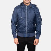 
Detailopname of Knit Rib with Removable Nylon Hood & Zipper Hardware on Blue Hooded Bomber Jacket