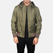 
Hanklin Ma-1 Green Hooded Bomber Jacket in Green Nylon - Vooraanzicht & getailleerd silhouet | Online kopen