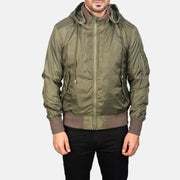 
Detailopname of Knit Rib with Removable Nylon Hood & Zipper Hardware on Hanklin Ma-1 Green Hooded Bomber Jacket