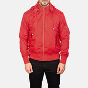 
Detailopname of Knit Rib with Removable Nylon Hood & Zipper Hardware on Hanklin Ma-1 Red Hooded Bomber Jacket