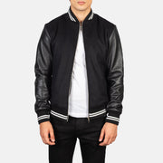 Harrison Zwart Hybrid Varsity Leren Jas voor Heren in Black Sheepskin Leather - Front Profile View &amp; Tailored Silhouette | Buy Online
