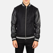 Harrison Zwart Hybrid Varsity Leren Jas voor Heren - Lateral Side Profile View Showing Sleeve Cut &amp; Athletic Taper Fit