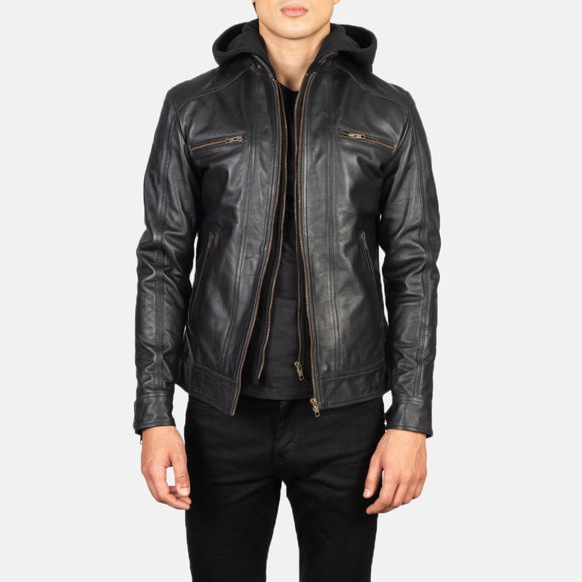 Hector Zwart Hooded Leren Bikerjack voor Heren