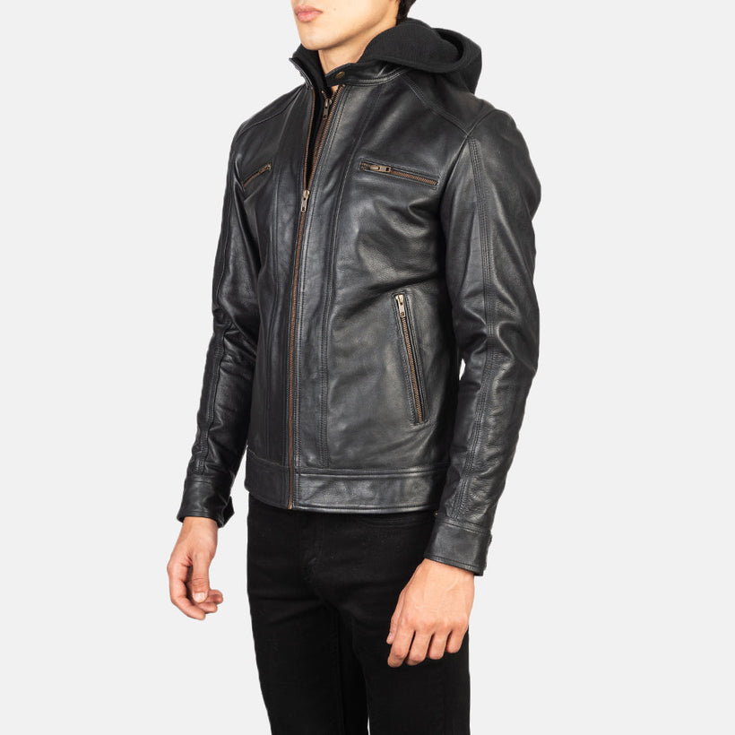 Hector Zwart Hooded Leren Bikerjack voor Heren
