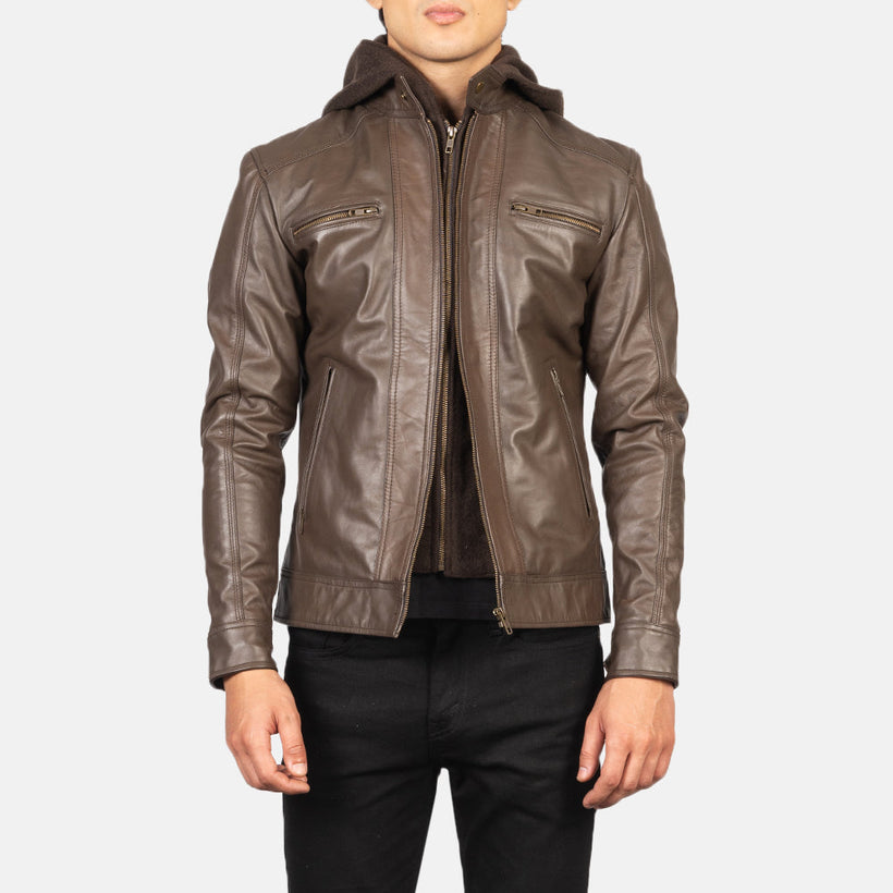 Hector Bruin Hooded Leren Bikerjack voor Heren