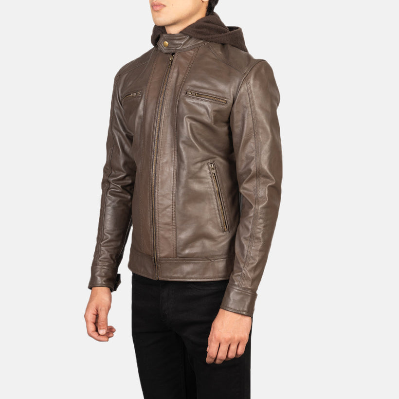 Hector Bruin Hooded Leren Bikerjack voor Heren