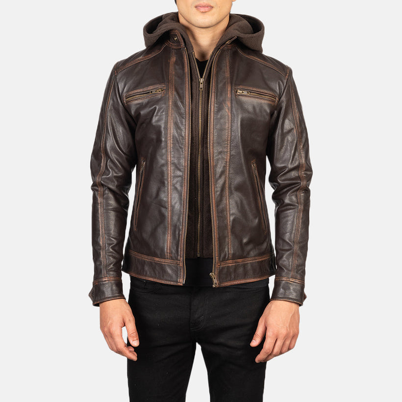 Hector Vintage Bruin Hooded Leren Bikerjack voor Heren