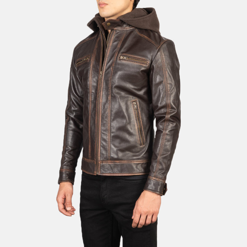 Hector Vintage Bruin Hooded Leren Bikerjack voor Heren