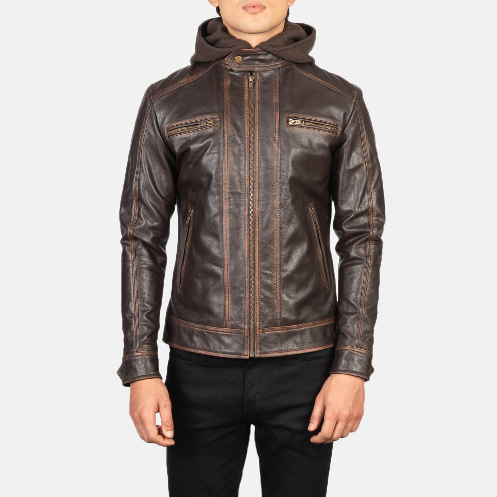 
Detailopname of Band with Snap Button & Zipper Hardware on Hector Vintage Bruin Hooded Leren Bikerjack voor Heren