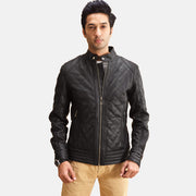Henry Gewatteerd Zwart Leren Jas voor Heren in Black Sheepskin Leather - Front Profile View &amp; Tailored Silhouette | Buy Online