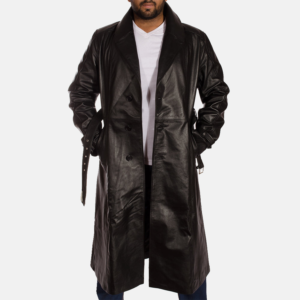 
Hooligan Zwart Leren Trenchcoat voor Heren - Zijaanzicht met ergonomische mouwsnede