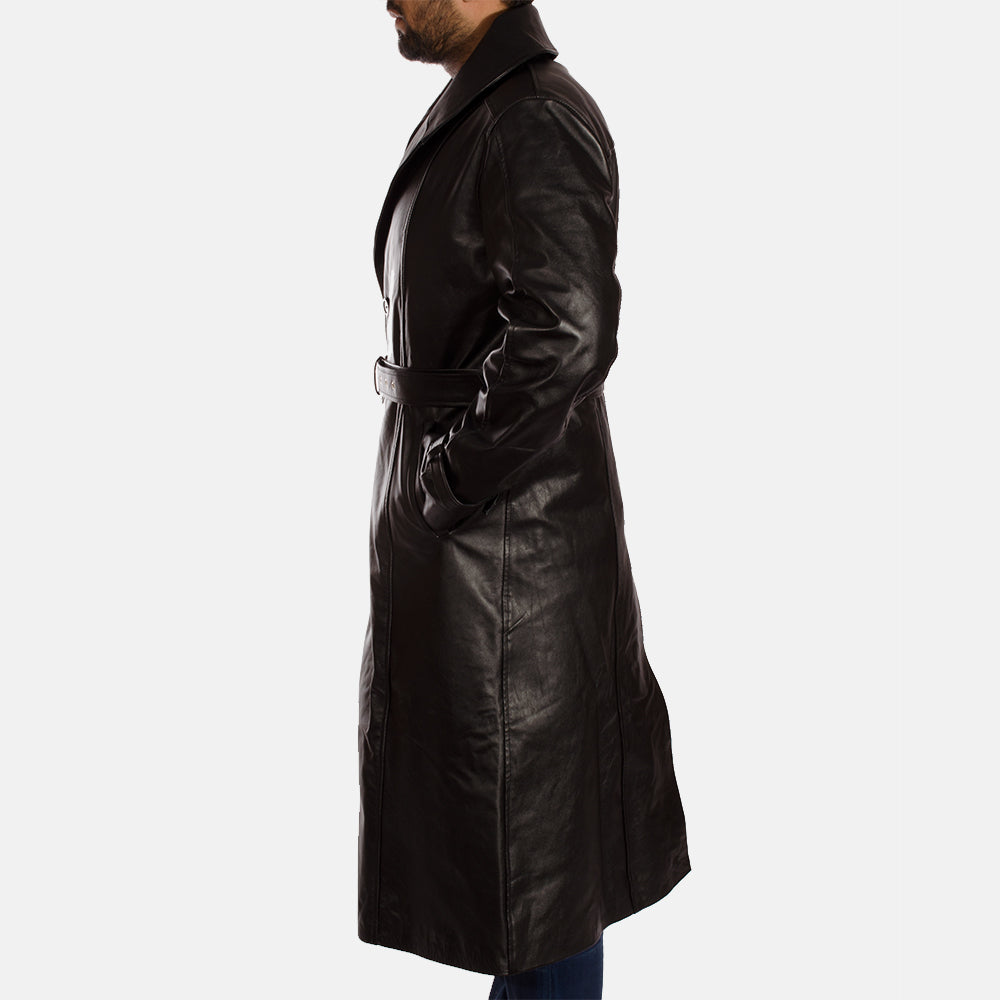 
Detailopname of Notch & Button & Waist belt Hardware on Hooligan Zwart Leren Trenchcoat voor Heren
