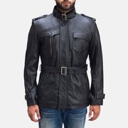 Hunter Zwart Leren Jas voor Heren in Black Sheepskin Leather - Front Profile View &amp; Tailored Silhouette | Buy Online