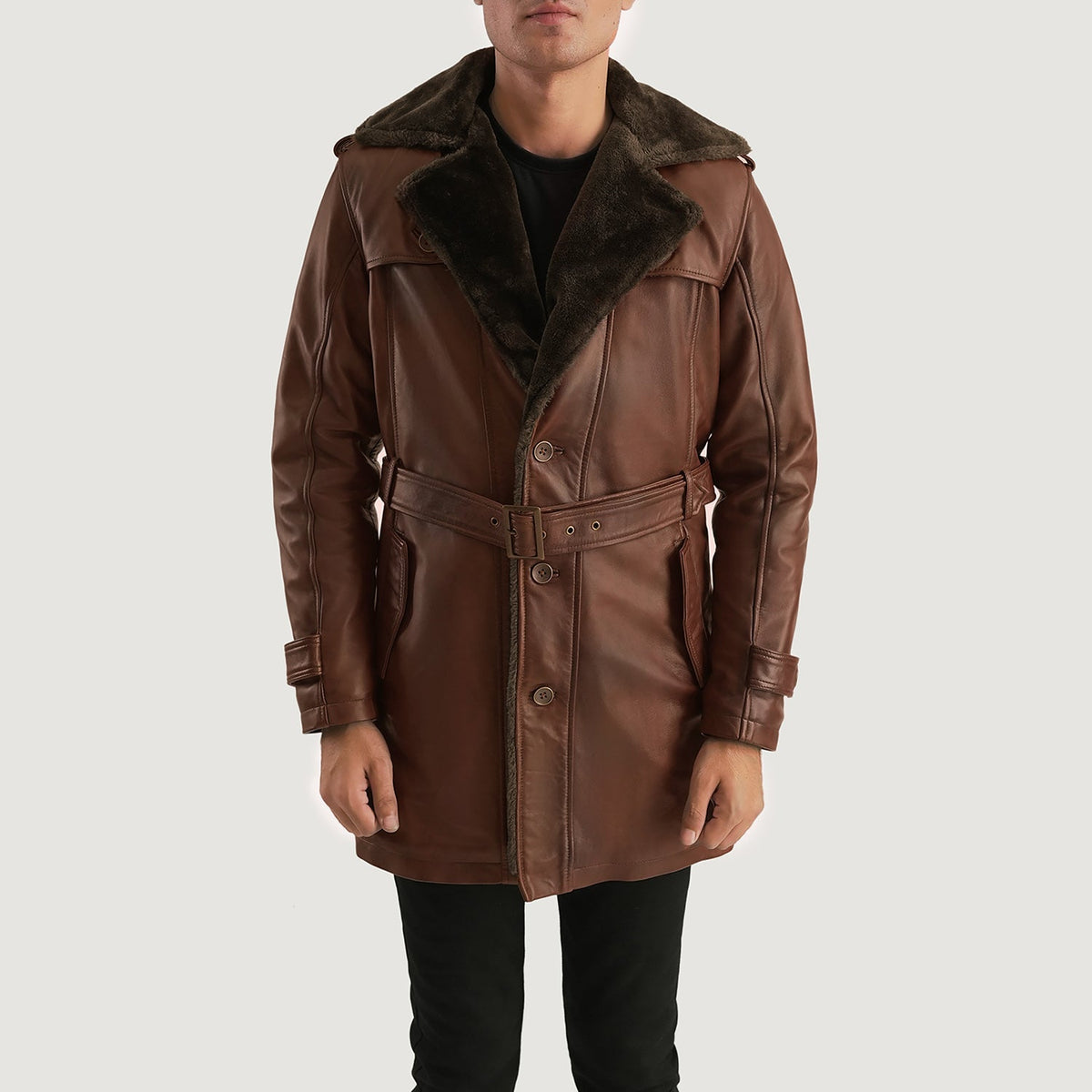 
Hunter Distressed Bruin Fur Leren Jas voor Heren - Vooraanzicht & getailleerd silhouet | Online kopen