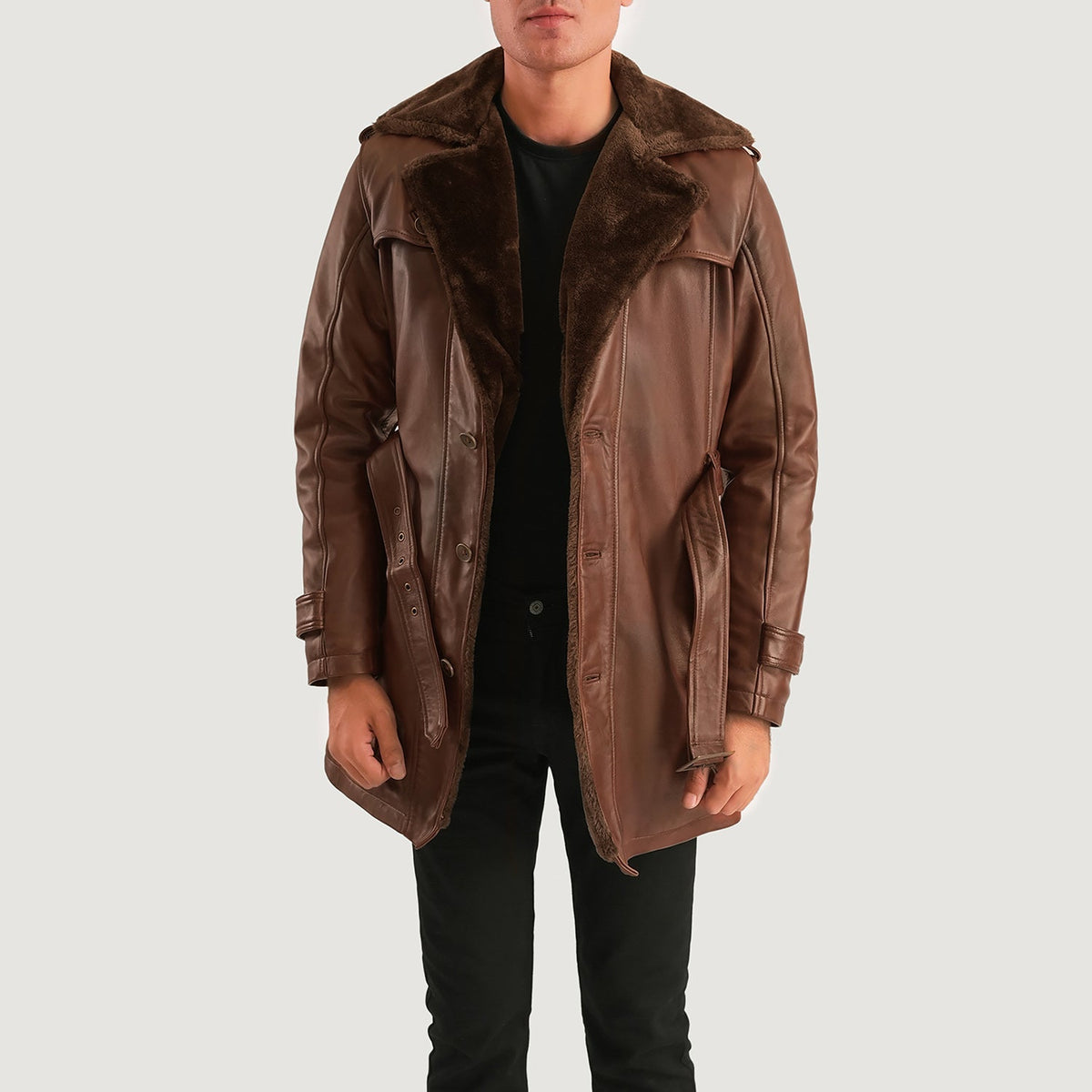 
Hunter Distressed Bruin Fur Leren Jas voor Heren - Zijaanzicht met ergonomische mouwsnede
