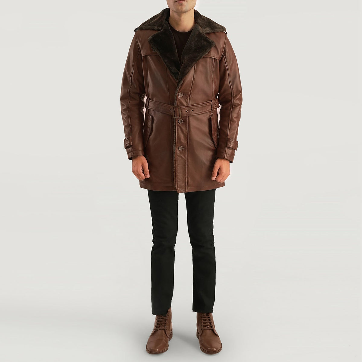 
Detailopname of Notch & Button Hardware on Hunter Distressed Bruin Fur Leren Jas voor Heren