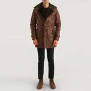 
Detailopname of Notch & Button Hardware on Hunter Distressed Bruin Fur Leren Jas voor Heren