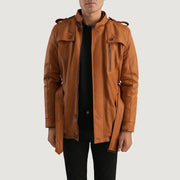 Hunter Lichtbruin Bruin Fur Leren Jas voor Heren in Tan Brown Sheepskin Leather - Front Profile View &amp; Tailored Silhouette | Buy Online