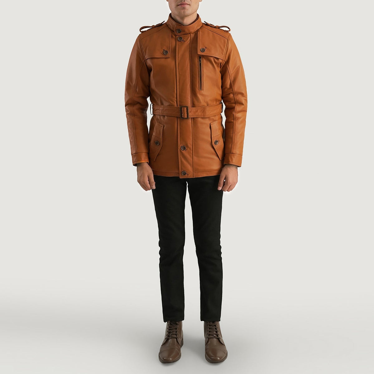 Hunter Lichtbruin Bruin Fur Leren Jas voor Heren - Lateral Side Profile View Showing Sleeve Cut &amp; Athletic Taper Fit