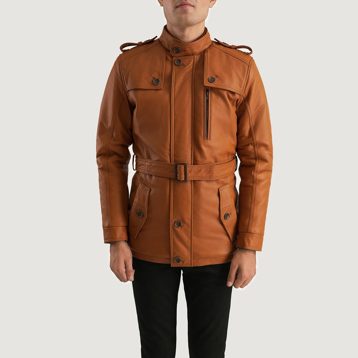 Close-Up Detail of Band (Buttoned) &amp; Zipper with Button Flap Hardware on Hunter Lichtbruin Bruin Fur Leren Jas voor Heren
