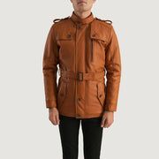 Close-Up Detail of Band (Buttoned) &amp; Zipper with Button Flap Hardware on Hunter Lichtbruin Bruin Fur Leren Jas voor Heren