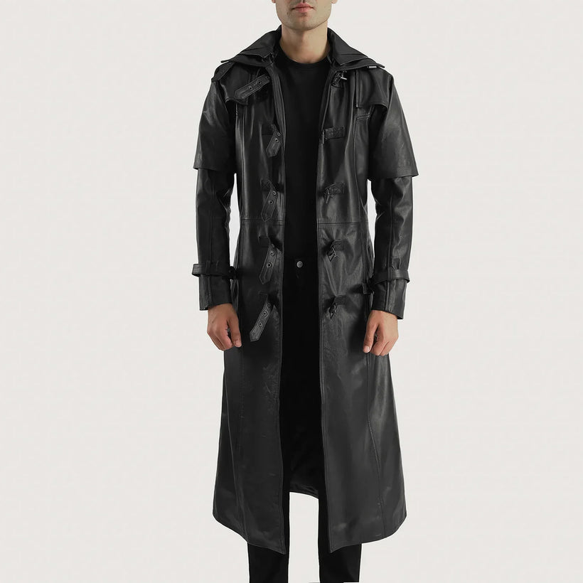 Huntsman Zwart Hooded Leren Trenchcoat voor Heren