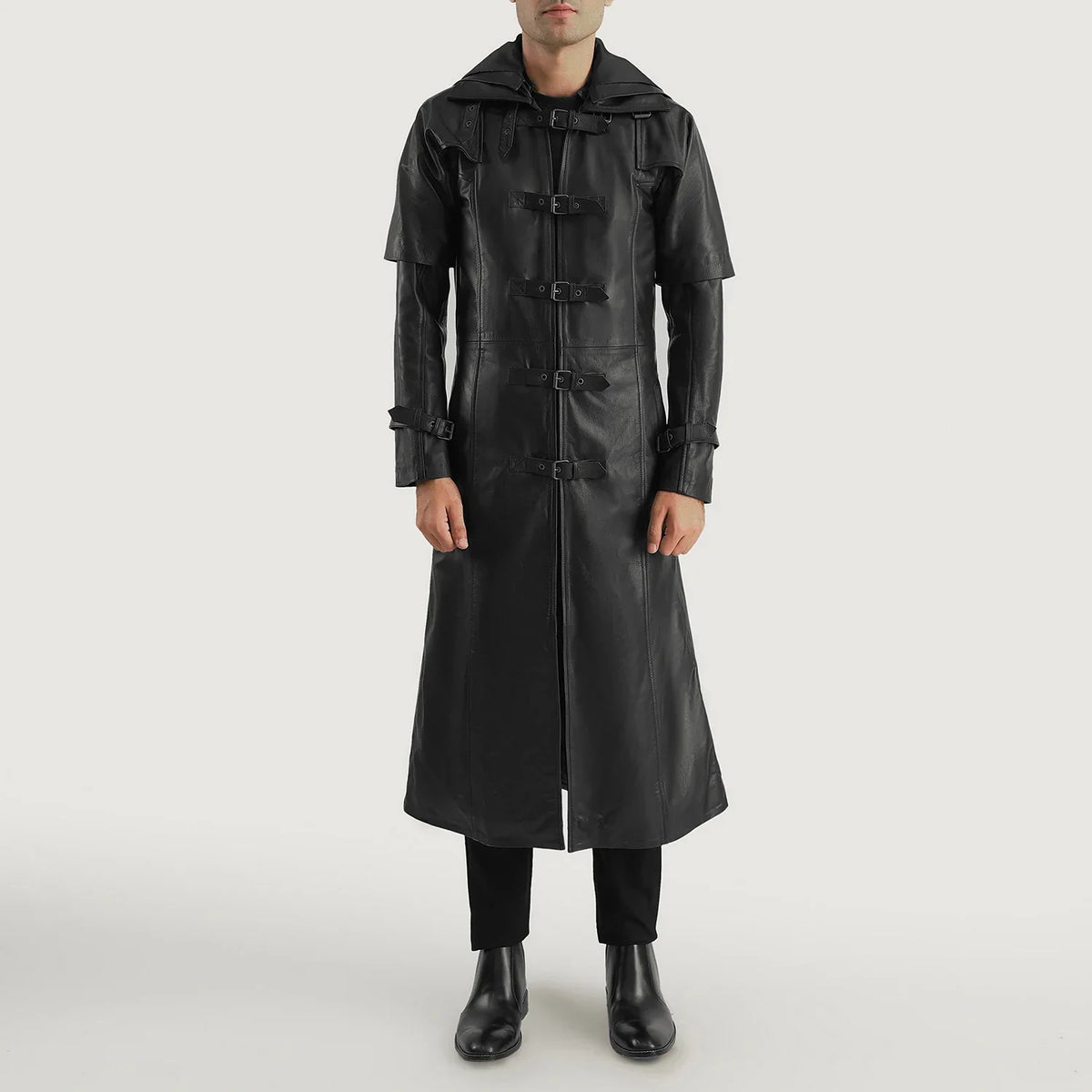 
Huntsman Zwart Hooded Leren Trenchcoat voor Heren - Zijaanzicht met ergonomische mouwsnede