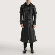 
Huntsman Zwart Hooded Leren Trenchcoat voor Heren - Zijaanzicht met ergonomische mouwsnede
