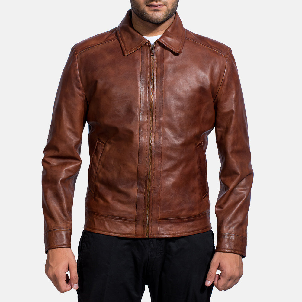 Open hem &amp; Hem Craftsmanship Construction Detail on Men's Inferno Bruin Leren Jas voor Heren