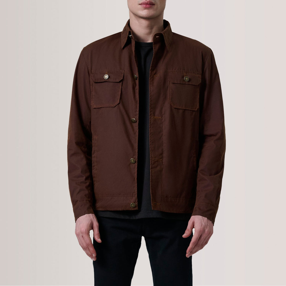 Irwin Bruin Waxed Canvas Field Leren Jas voor Heren For Men in Brown Waxed Cotton Canvas - Front Profile View &amp; Tailored Silhouette | Buy Online