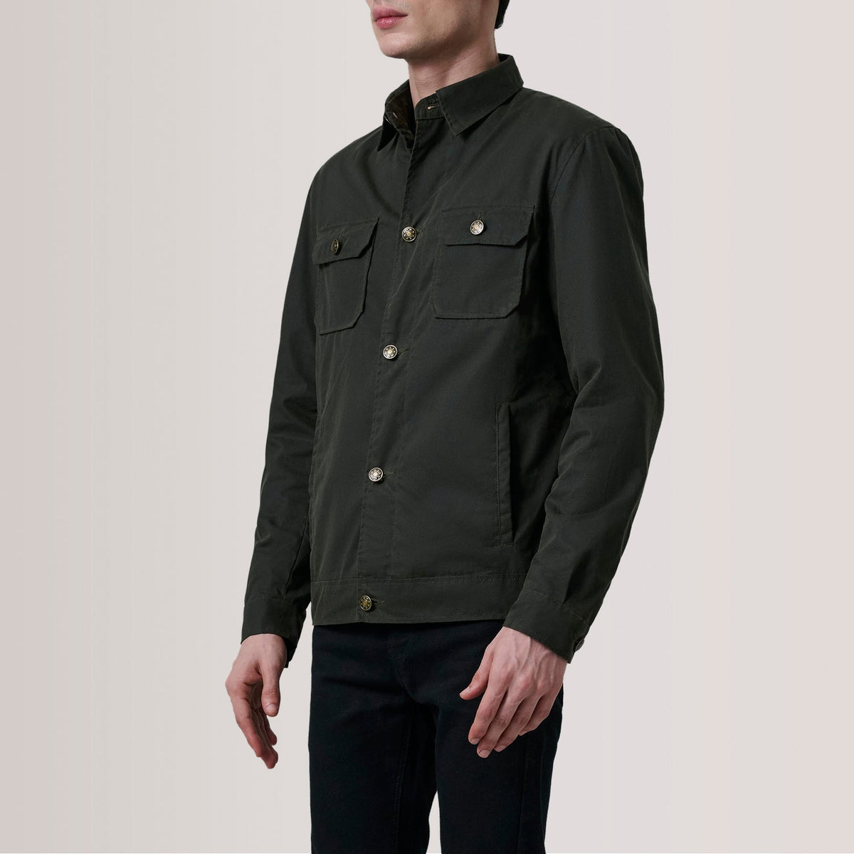 Irwin Olive Waxed Canvas Field Leren Jas voor Heren For Men - Lateral Side Profile View Showing Sleeve Cut &amp; Athletic Taper Fit