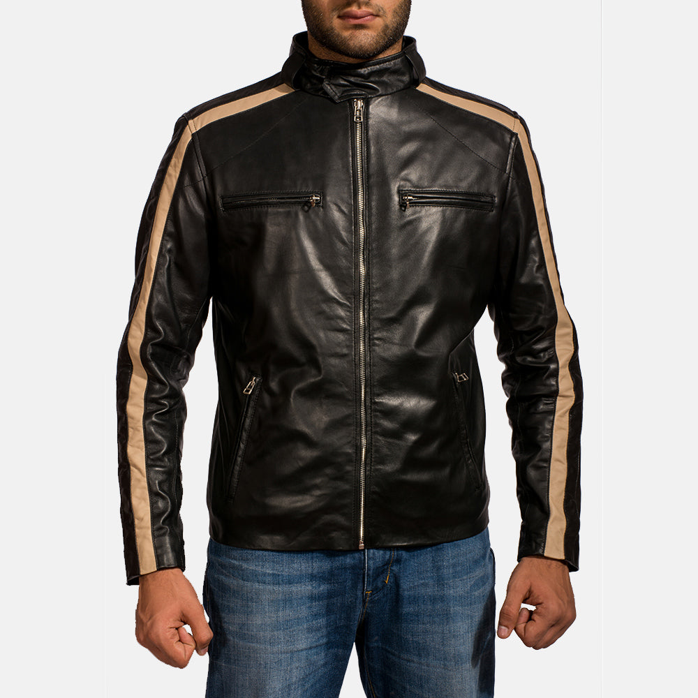 Men's Jack Zwart Leren Bikerjack voor Heren in Black Sheepskin Leather - Front Profile View &amp; Tailored Silhouette | Buy Online
