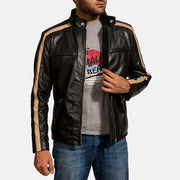 Men's Jack Zwart Leren Bikerjack voor Heren - Lateral Side Profile View Showing Sleeve Cut &amp; Athletic Taper Fit