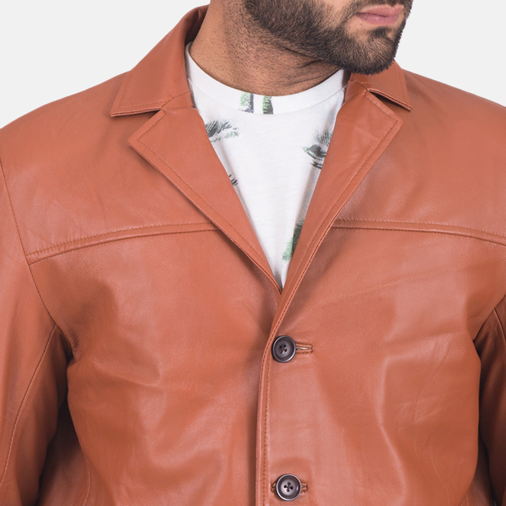 
Detailopname of Notch & Button Hardware on James Lichtbruin Bruin Leren Leren Blazer voor Heren