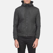 
Detailopname of High Neck with Hood & Zipper with wind flap Hardware on Jimmy Zwart Hooded Windbreaker Leren Jas voor Heren