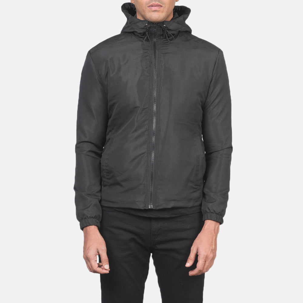 Detailopname of High Neck with Hood & Zipper with wind flap Hardware on Jimmy Black Hooded Windbreaker Jacket