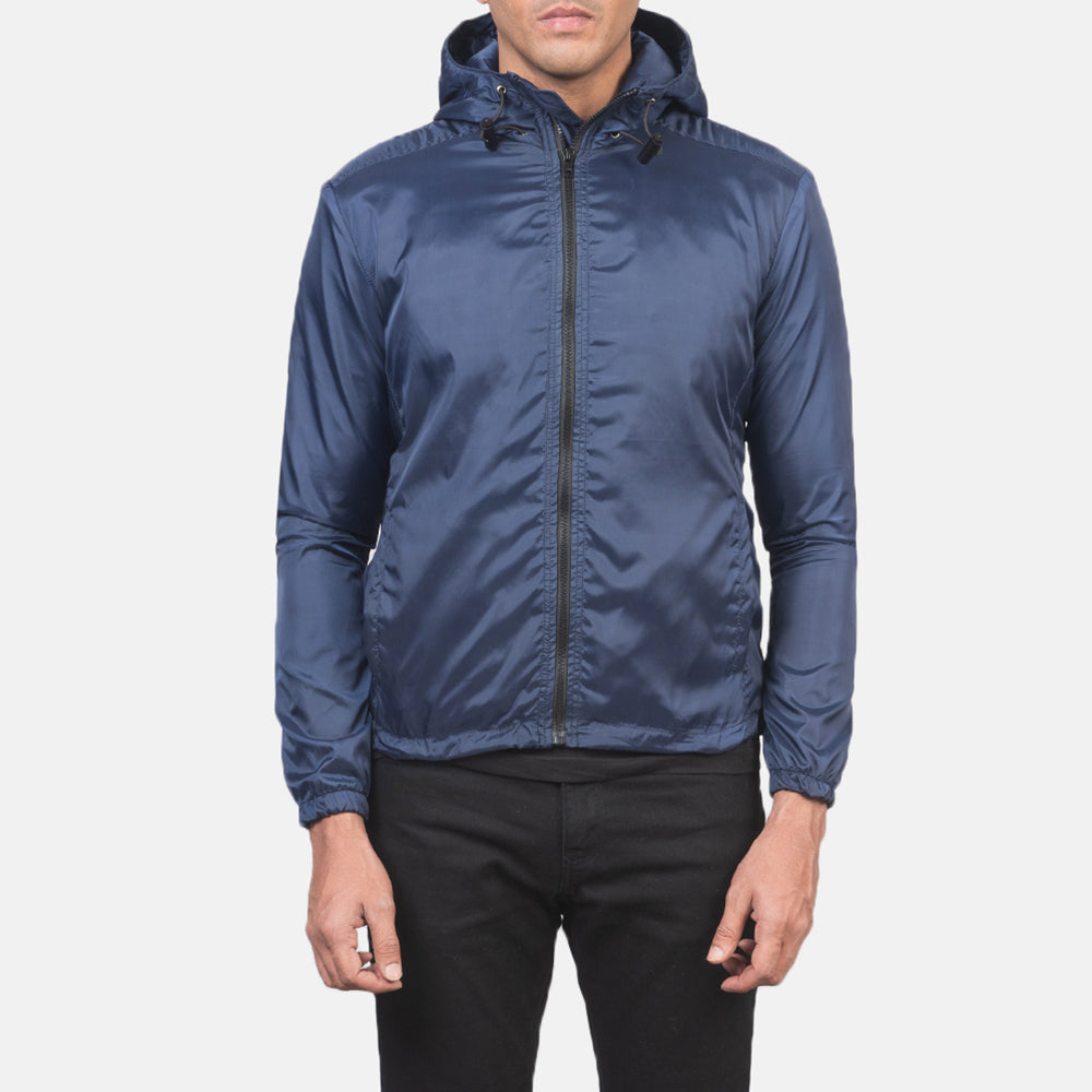 Jimmy Blue Hooded Windbreaker Jacket in Blue Nylon - Vooraanzicht & getailleerd silhouet | Online kopen