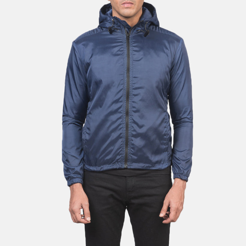 Jimmy Blauw Hooded Windbreaker Leren Jas voor Heren