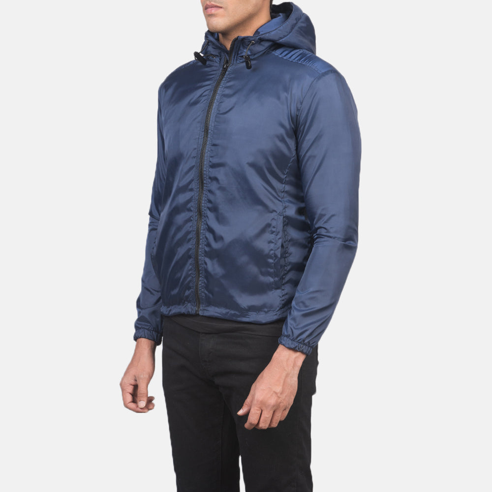 Blue Nylon Hooded Jacket - Achteraanzicht met getailleerde schouders & strakke zoom