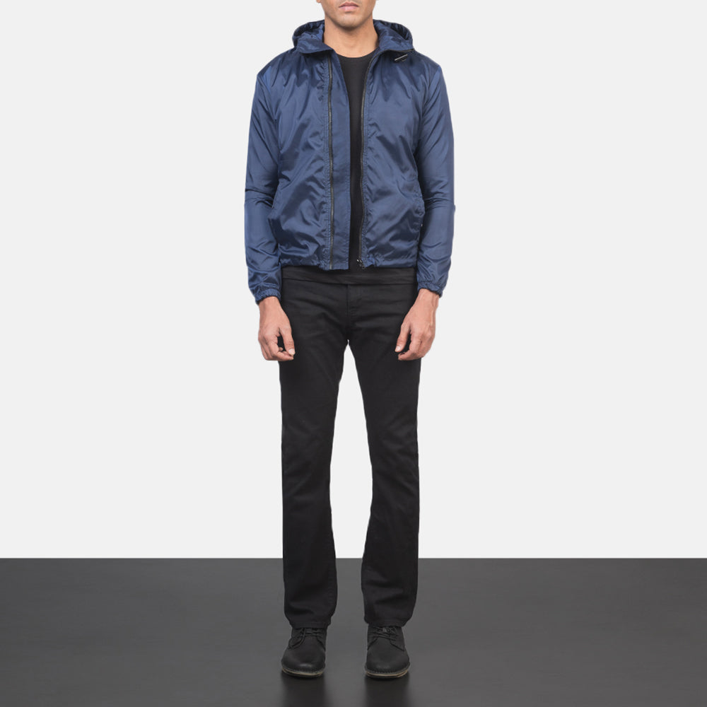 Men's Jimmy Blauw Hooded Windbreaker Leren Jas voor Heren - Lateral Side Profile View Showing Sleeve Cut &amp; Athletic Taper Fit