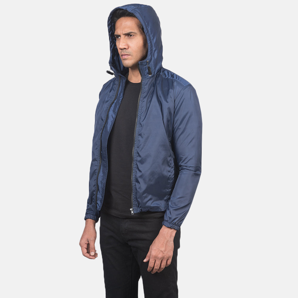 Detailopname of High Neck with Hood & Zipper with wind flap Hardware on Jimmy Blue Hooded Windbreaker Jacket