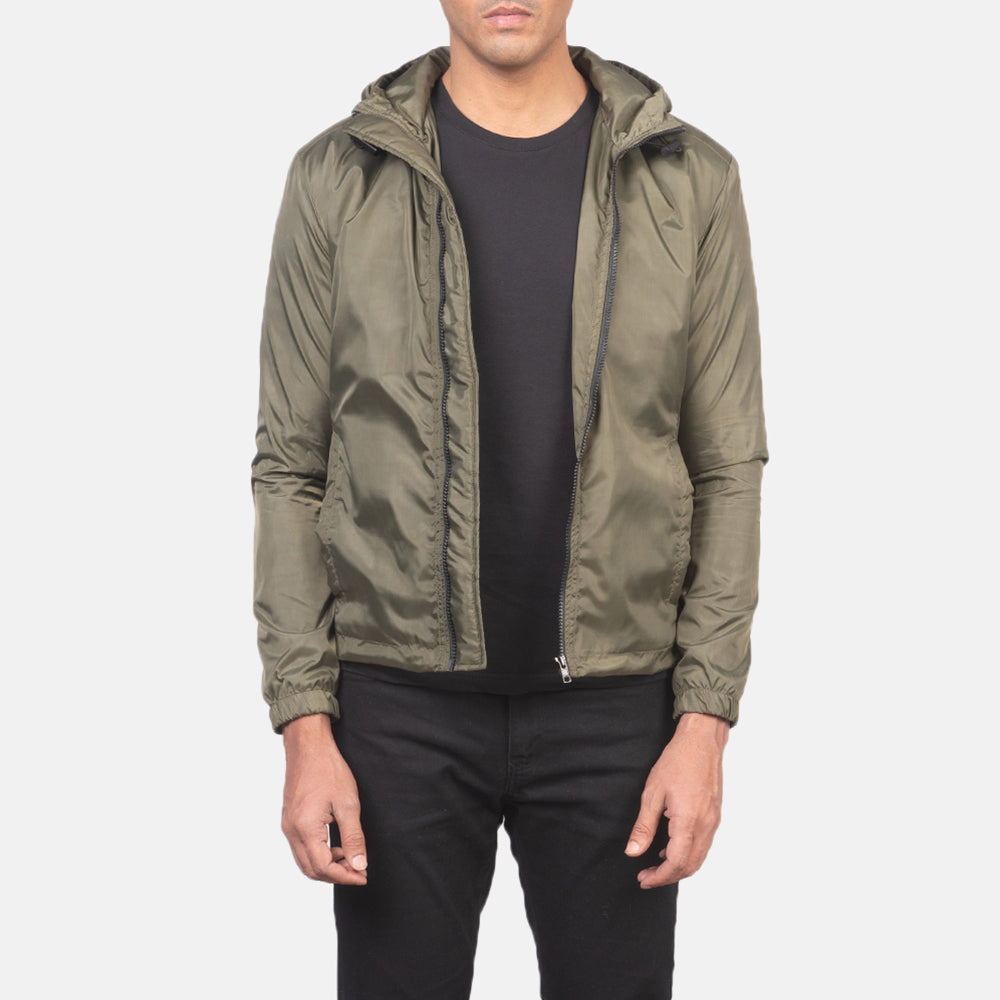 Jimmy Green Hooded Windbreaker Jacket in Green Nylon - Vooraanzicht & getailleerd silhouet | Online kopen