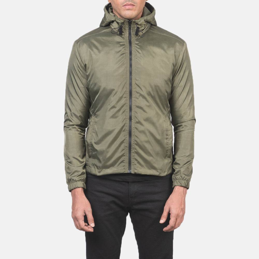 Detailopname of High Neck with Hood & Zipper with wind flap Hardware on Jimmy Green Hooded Windbreaker Jacket
