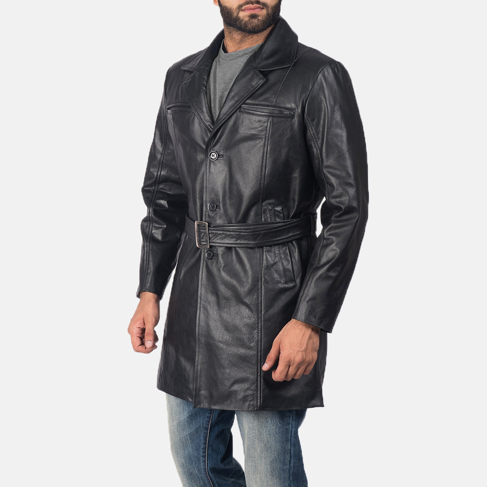 
Black Cowhide leather Coat - Achteraanzicht met getailleerde schouders & strakke zoom
