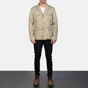 Kajetan Beige Safari Leren Jas voor Heren - Lateral Side Profile View Showing Sleeve Cut &amp; Athletic Taper Fit