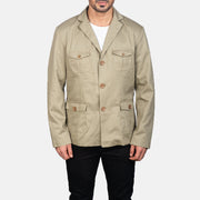 Close-Up Detail of Notch &amp; Button Hardware on Kajetan Beige Safari Leren Jas voor Heren
